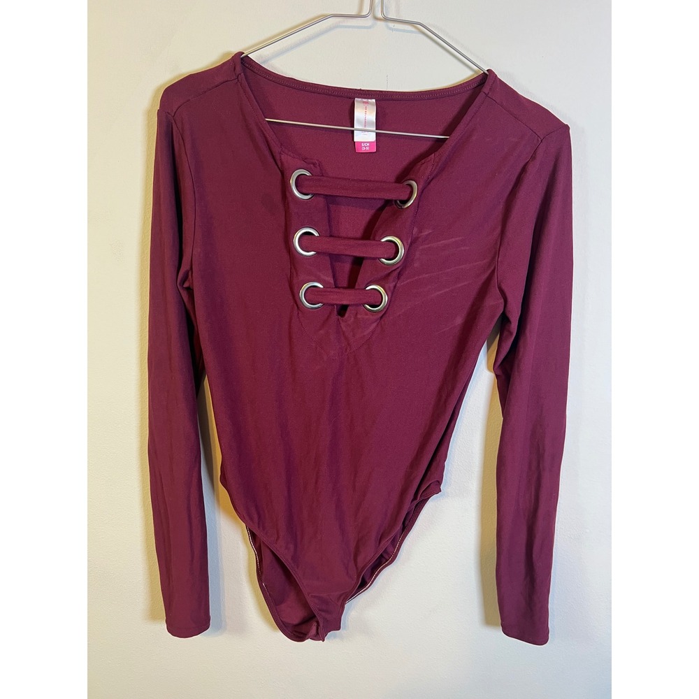 No Boundaries Womens Bodysuit Lace Up Grommet Front Burgundy S